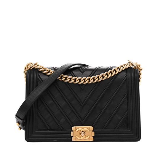 Chanel Calfskin Caviar Suede Chevron New Medium Boy Flap Black