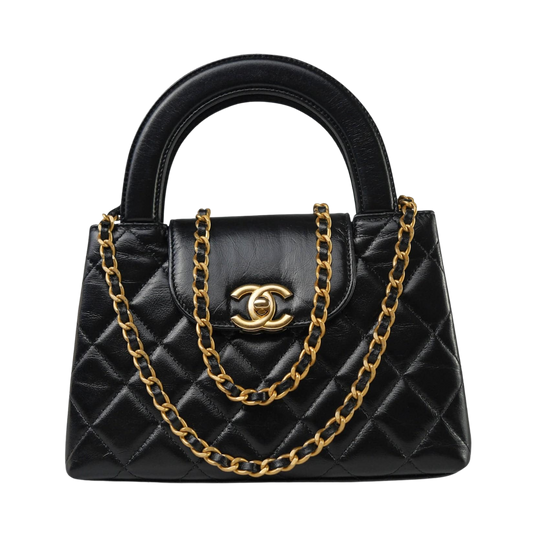 Chanel Shiny Aged Calfskin Quilted Nano Kelly Shopper Black